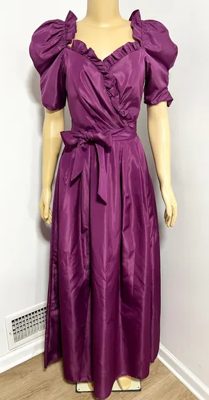 Vintage 80s Plum Purple Ruffle Puff Sleeve Maxi Dress Prom Gown Size 11/12 XS S thumbnail 1