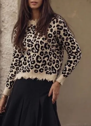 Staccato Black/Cream Distressed Long Sleeve Cheetah Print Sweater thumbnail 1