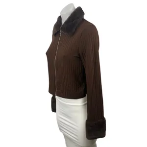 H&M Women's Brown Ribbed Knit Faux Fur Full Zip Cardigan Sweater Top Size M thumbnail 3