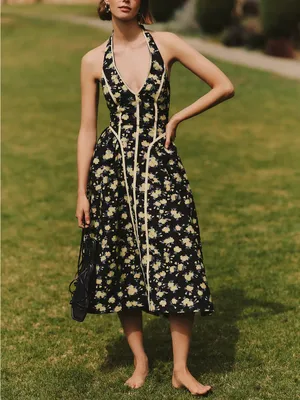 By Anthropologie Halter V-Neck Fit & Flare Midi Dress Yellow Floral NWT thumbnail 2