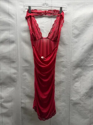 Frederick’s of Hollywood Red Lace Mesh Chemise Halter Cinced Side Sexy Nighty thumbnail 4