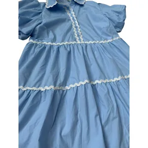 Mainstrip Puffed Sleeve Ric Rac Trimmed Solid Mini Dress‎ Blue Size Large thumbnail 8