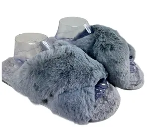 Spesoul Gray Fuzzy‎ Soft Slide-On Crisscross Open Toe Slippers Size L thumbnail 1