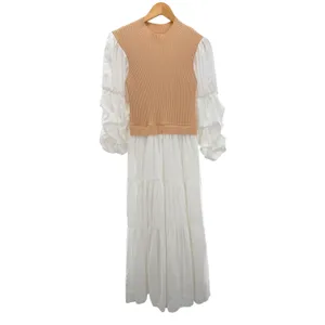 English Factory Tan‎ Ribbed Vest Puff Sleeve Tiered Maxi Dress Small Neutral thumbnail 3