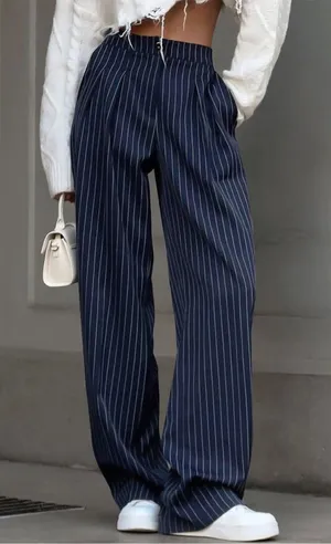 ✨Commense Pinstripe Pleated Wide-Leg Navy Sz Small Pants✨ thumbnail 1