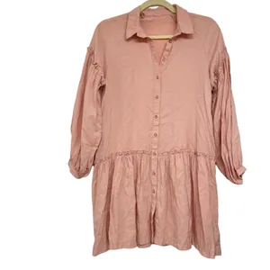 Free People Peach Button Down Long Sleeve Babydoll Mini Dress Oversized Womens S thumbnail 2