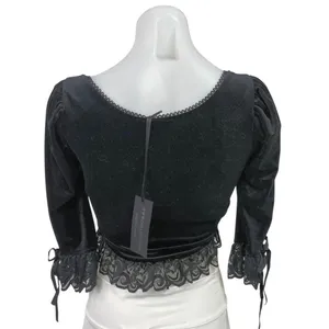 Dolls Kill Widow Black Velvet Velour Lace Sheer 3/4 Sleeve Crop Blouse Top XXS thumbnail 3