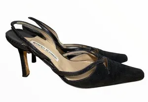 Manolo Blahnik Suede Sling Back Kitten Heel Straps Pointed Toe Black 37 6.5 thumbnail 1