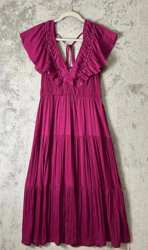 Anthropologie Ruffled Tiered Midi Dress Raspberry Romantic Cottagecore‎ Boho SM thumbnail 1