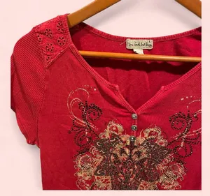 Red y2k soft baby rib bling button neck cap sleeve top Live and let live thumbnail 4