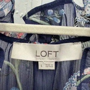 LOFT Floral Chiffon Ruffle Tie Neck Smocked Cuff Blouse Large Navy Blue Sheer thumbnail 7