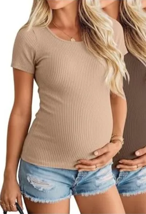 3 Pack Women's Ribbed Maternity Tops Short Sleeve, Ribbed Knit M thumbnail 1