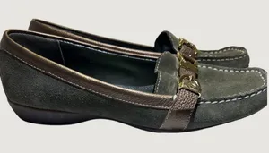 Nickels Soft Loafers Womens Olive Green Suede Bronze‎ Leather Buckle Shoes 8.5 M thumbnail 1