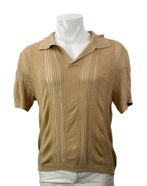 Urban Outfitters Men's Beige Short Sleeves Open Knit Striped Polo Sweater Top L thumbnail 1