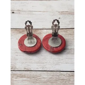 Vintage Clip On Earrings - Unusual Design Red Circular 1 & 1/8" thumbnail 4
