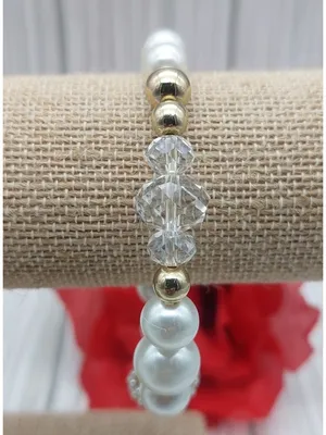 Faux Pearl Crystal Stretch Bracelets Lot of 2 Gold Tone Rhinestone Bridal thumbnail 9