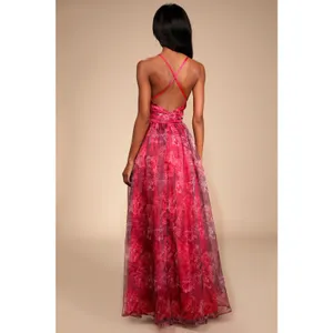 NWT Lulus Romance That Wows Magenta Floral Print Organza Maxi Dress Prom Size L thumbnail 4