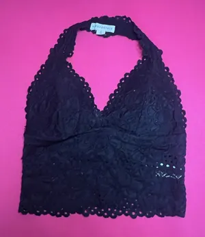 Aeropostale Black Floral Lace Halter Bralette Crop Top Scalloped Trim Medium thumbnail 1