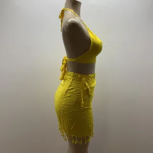 Yellow Halter Top and Fringe 100% Sarong Sarong Skirt thumbnail 3