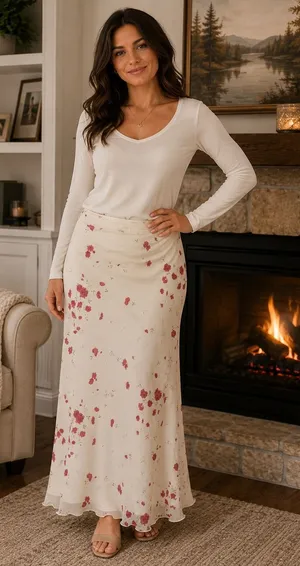 Studio Y Y2K Sheer Mesh Floral Maxi Skirt Cream Red Side Slit Women's Large thumbnail 1