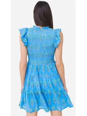 OLIPHANT 100% Cotton Smocked Flirty Ruffle Blue Block Print | Size Small thumbnail 2