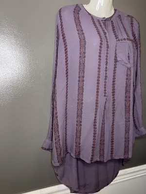 Free People Blouse Womens Medium Purple Striped Henley Long Sleeve Tunic Top thumbnail 3