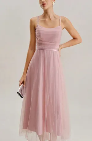 Rihoas Pink Mesh Flowy Slip Midi Dress thumbnail 1