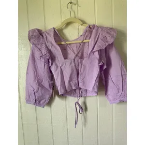 Milk & Honey Lavender Eyelet Ruffle Crop Top Purple Lace Up Back Long Sleeve M thumbnail 3