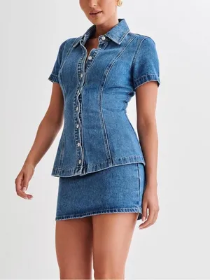 MESHKI NWT Ellie SET - medium Blue Denim Button-Front top & mini denim skirt thumbnail 5