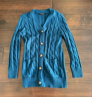 Merokeety Elegant Blue Cable Knit Cardigan thumbnail 1