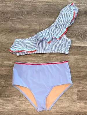 J. Crew seersucker one shoulder ruffle bikini set high waisted blue white Medium thumbnail 1