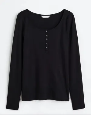 H&M Women’s Large Black Ribbed Henley Top Long Sleeve Button Front Cotton thumbnail 1