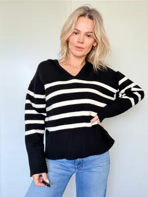Zara Black & White Striped V-Neck Sweater thumbnail 3