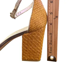 Lilly Pulitzer Chunky Block Heel Sandals Size 9.5 Metallic Gold‎ Open Toe Straw thumbnail 7