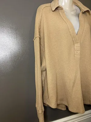 Aerie Shirt Womens XL Beige Collared Long Sleeve Thermal Waffle Knit Tunic Top thumbnail 3