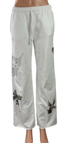 Subdued Women's White Drawstring Graphic Print High Rise Wide Leg Sweat Pants S thumbnail 1