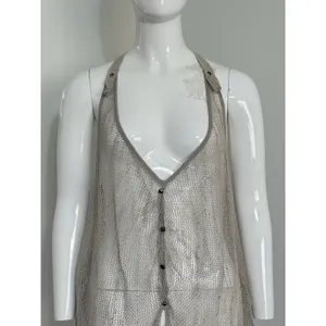 Women’s Crochet Tank Top Brown Open Knit Sequin Boho Festival Size L Hippie thumbnail 2