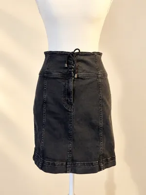 Free People Size 8 Black Denim Corset Lace Up High Waist Mini Skirt thumbnail 2