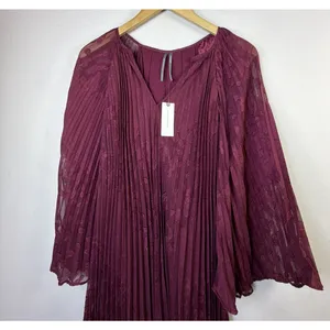 Anthropologie Toulon Pleated Bell Sleeve Mini Dress x Small Burgundy Boho xs NWT thumbnail 6