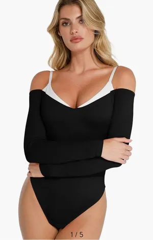Popilush Shapewear Long Sleeve Cold Shoulder Tummy Control Bodysuit sz L thumbnail 1