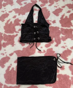 Black Satin Lace-Up Halter Top & Micro Mini Wrap Skirt Set – Coachella Baddie / Cosplay Lingerie S/M 🖤✨ thumbnail 1