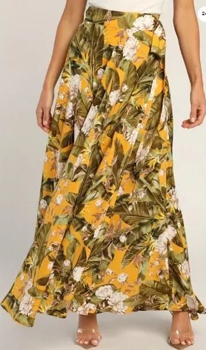 Lulus Away to the Islands Small NWT Marigold Tropical Print‎ Wrap Maxi Skirt thumbnail 1