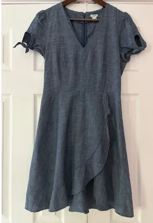 J.Crew Womens Blue Cotton Chambray Ruffle Faux Wrap V-Neck Tie Sleeve Dress 6 thumbnail 1