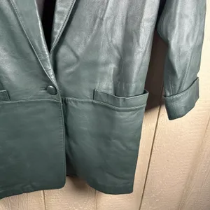 Vintage Tibor Womens Medium Green Leather Coat Jacket Mid-Length Shoulder Pads thumbnail 3