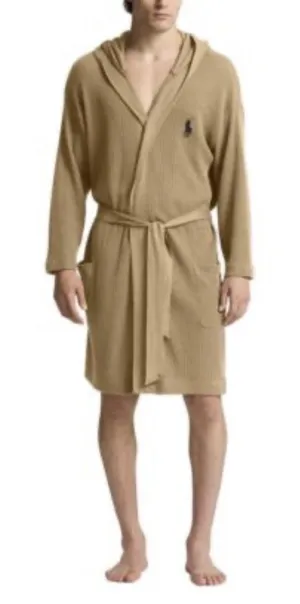 Polo Ralph Lauren Men's‎ Hooded Thermal Robe Waffle Knit Beltes Pockets L XL Tan thumbnail 1
