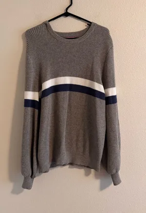 Edikted Gray Crewneck Sweater with White and Navy Stripes thumbnail 1