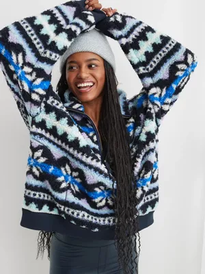 AERIE Hometown‎ Holiday Quarter Zip Oversized Sherpa Pullover, Size Medium thumbnail 1