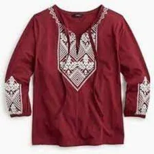 J. Crew Embroidered Tie‎ Neck Long Sleeve Top Women's Small Burgundy Boho Hippie thumbnail 1