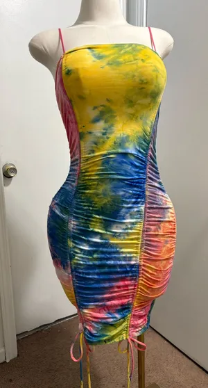 Yellow multi tie-dye ruched midi dress thumbnail 1