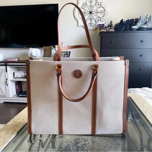 Tory Burch Bag Blake Canvas Jumbo Tote Leather Natural Classic Cuoio GUC thumbnail 1